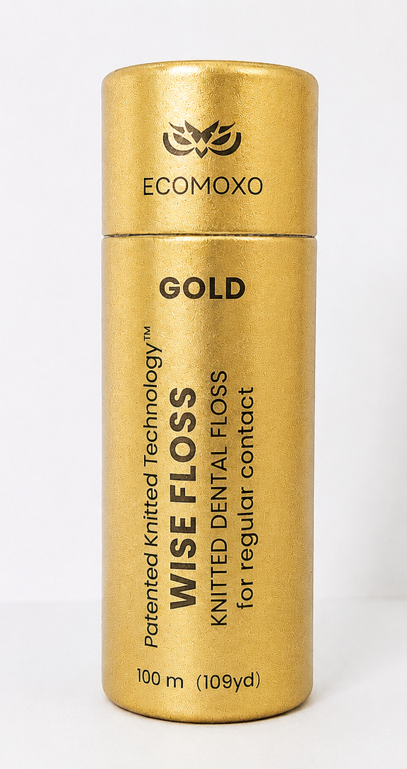 Wise Floss GOLD – Patented Knitted Dental Floss (For Regular Contact) | 100m Eco-Friendly Tube Dispenser