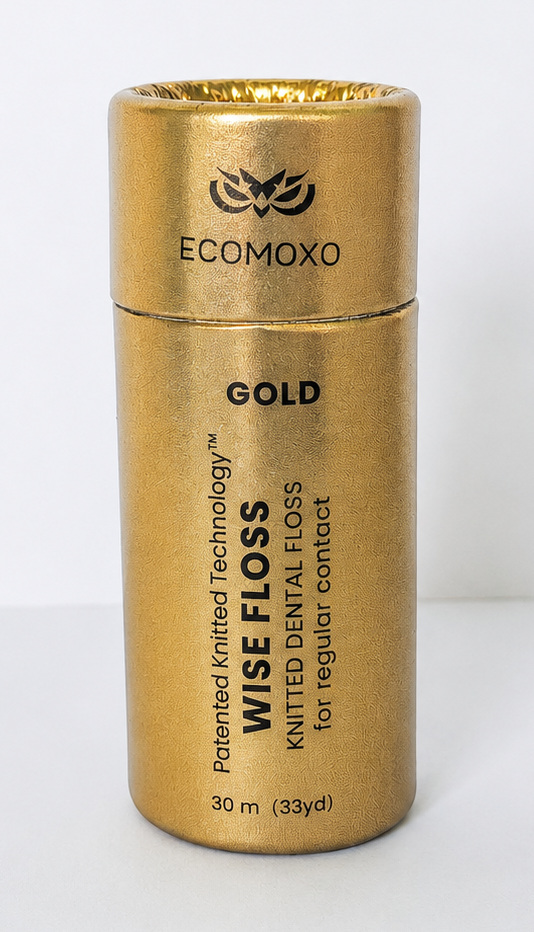 Wise Floss GOLD – Patented Knitted Dental Floss (For Regular Contact) | 30m Eco-Friendly Tube Dispenser